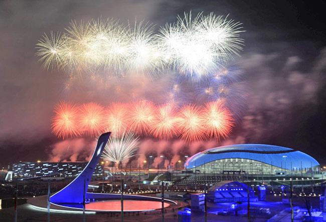 Fireworks explode around the Fisht Olympic Stadium at the end of the Closing Ceremony of the Sochi Winter Olympics (AFP)