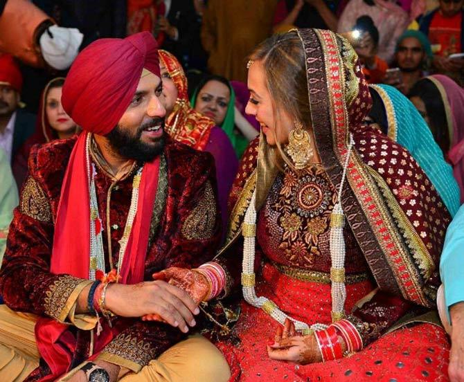 Yuvraj Singh and Hazel Keech on their wedding day. Hazel Keech's niece said they resembled Walt Disney characters Aladdin and Jasmine.