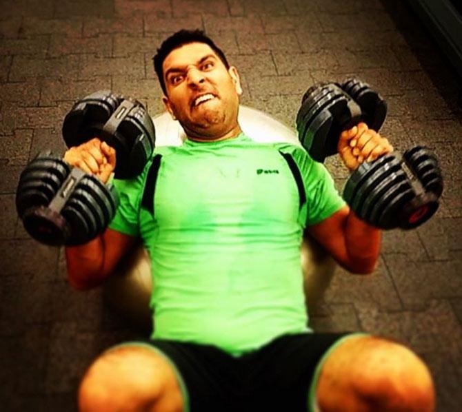 Pump it! Yuvi seen here at the gym adding in a bit of the 'fun' element. Yuvraj Singh is very high on fitness